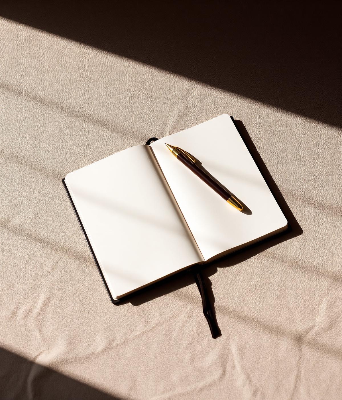 An open notebook with a gold pen, lit by soft window light